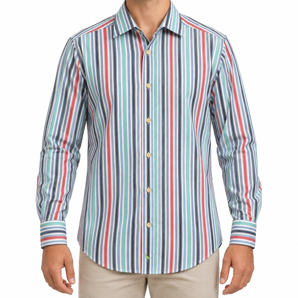 Tailorbyrd Shirt Men Multicolor Striped 100% Cotton Long Sleeve Button Up Casual